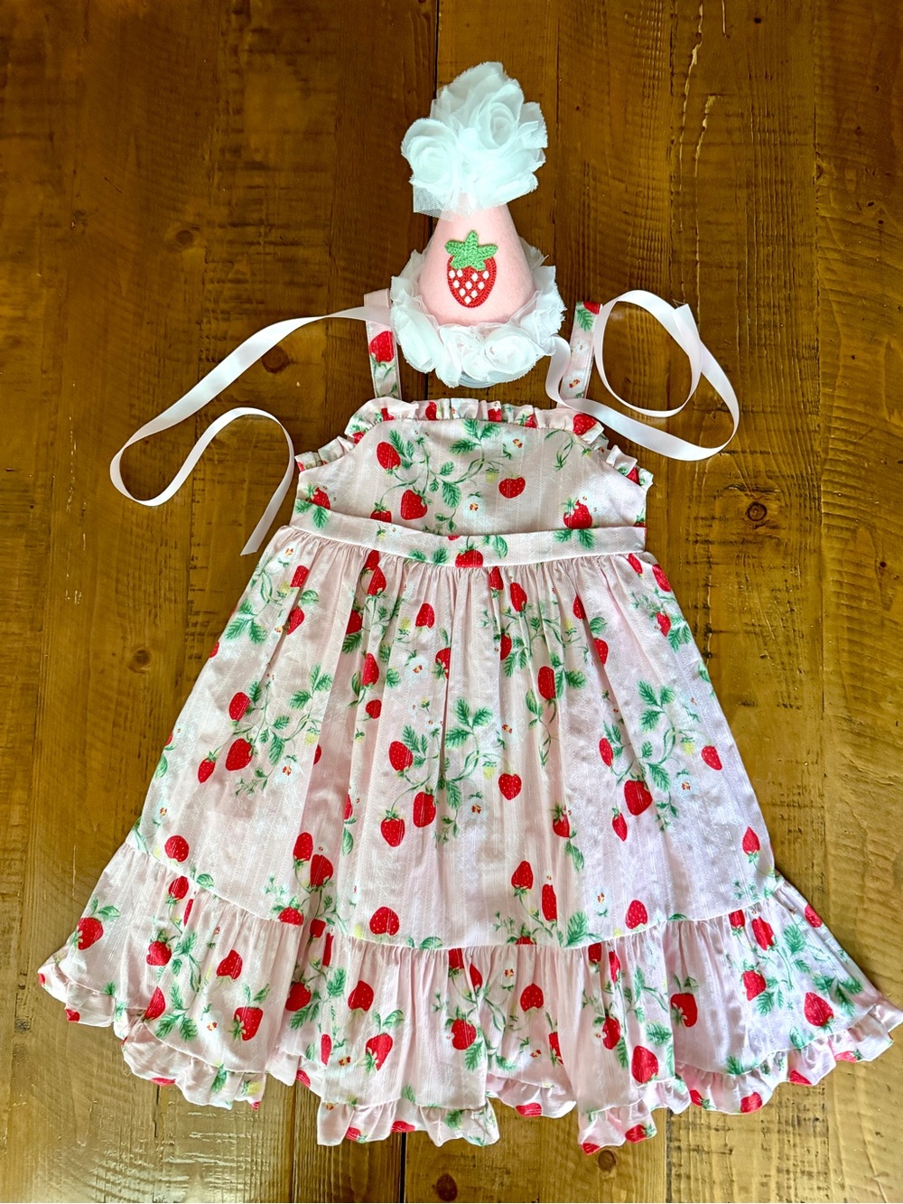 Girls Strawberry birthday dress/outfit with matching felt birthday hat